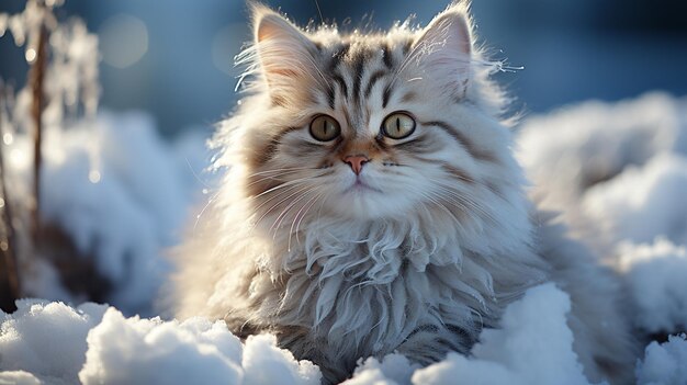 Un petit chat gelé dans la neige d'hiver