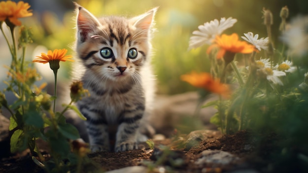 Un petit chat qui joue dans le jardin.
