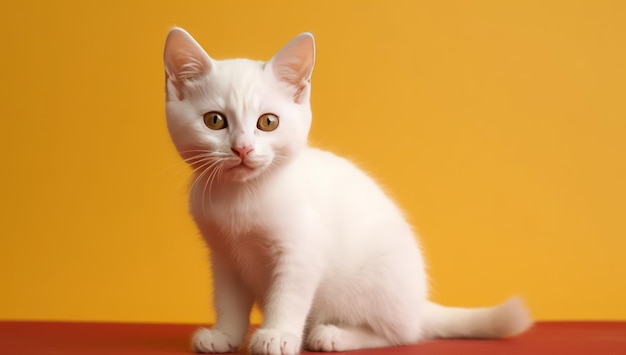 un petit chaton blanc est assis sur un fond jaune