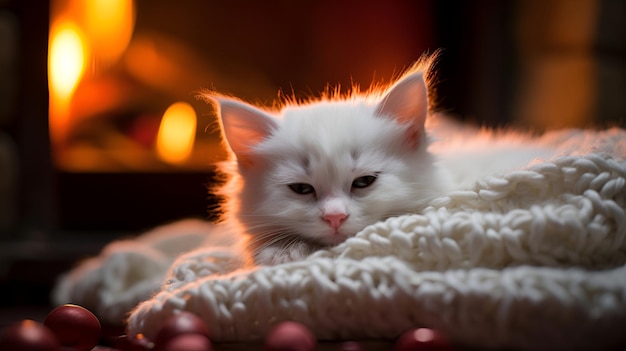 Photo un petit chaton blanc moelleux est allongé près de la cheminée sur le tapis