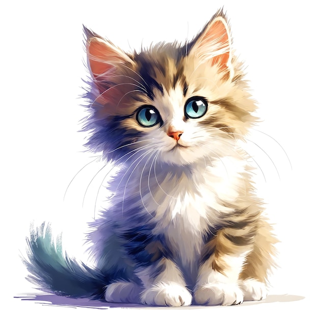 Un petit chaton de dessin animé assis sur un fond blanc La fourrure du chaton est moelleuse, ce qui ajoute à l'apparence mignonne et câlinante du dessin.