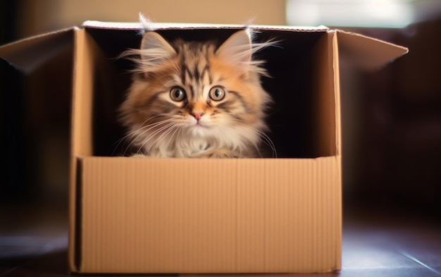 Photo un petit chaton enjoué sort curieusement d'une boîte en carton
