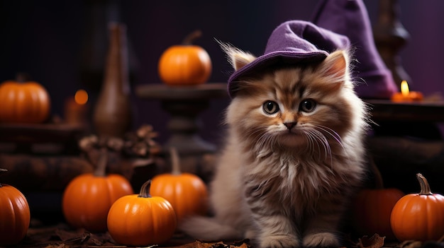 Le petit chaton est assis dans le chapeau de sorcière à côté des citrouilles.