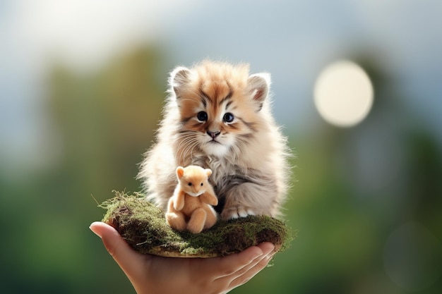 un petit chaton est tenu dans une main avec un ours en peluche en arrière-plan.