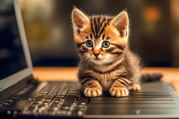 Un petit chaton gris est assis sur un clavier d'ordinateur portable à l'intérieur