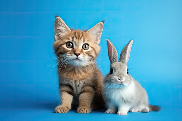 Petit chaton et un lapin sur fond bleu relation animale