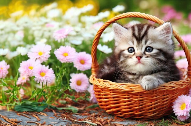 petit chaton mignon assis dans un panier contre l'arrière-plan lit de fleurs bannière de vacances pour félicitations