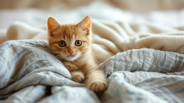 Petit chaton mignon sur le lit Prendre soin des animaux de compagnie animal du refuge pour animaux