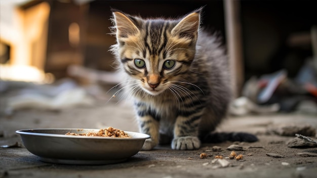 Petit chaton mignon qui mange de la nourriture dans un bol Focus sélectif