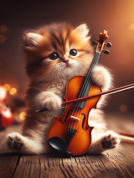 Un petit chaton moelleux joue du violon