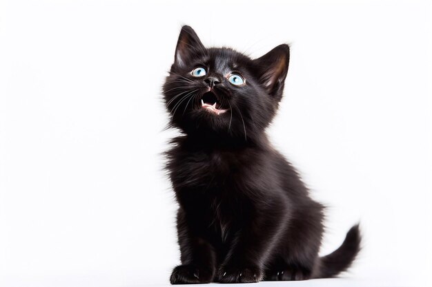 Un petit chaton noir léchant assis sur un fond blanc