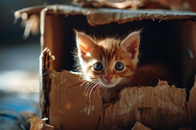 Un petit chaton orange regardant à l'extérieur d'une boîte en carton