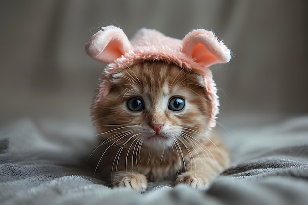 Petit chaton portant un chapeau rose sur le lit