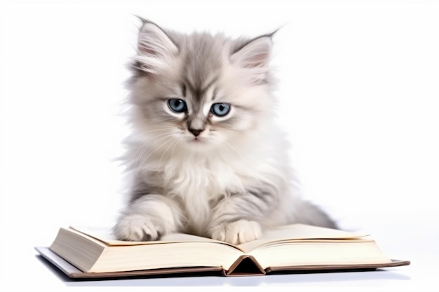 un petit chaton portant des lunettes assis sur un livre ouvert