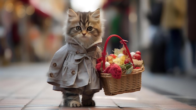 Photo un petit chaton portant des vêtements humains, portant une jolie robe et tenant des sacs à provisions