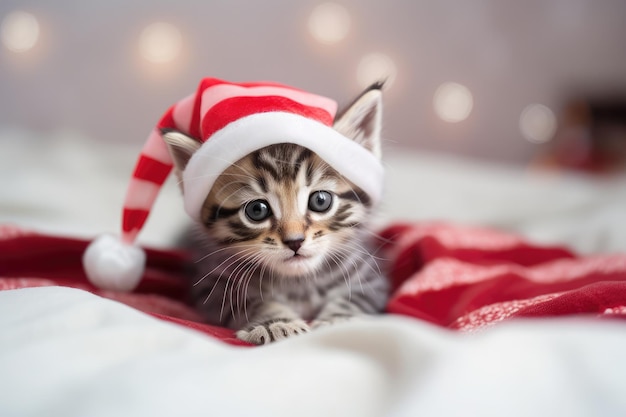 Petit chaton rayé portant bonnet de noel sur lit blanc ai générative