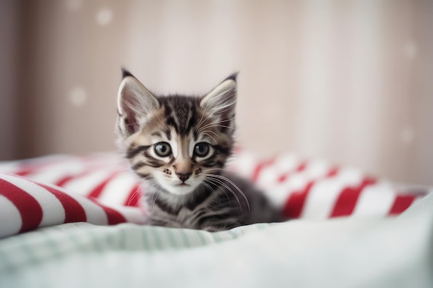 Petit chaton rayé portant bonnet de noel sur lit blanc ai générative