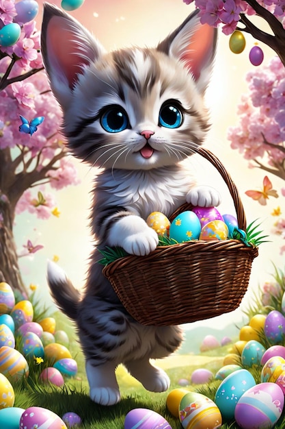 Un petit chaton s'échappe pour s'attaquer au lapin de Pâques tout en portant un panier d'œufs colorés