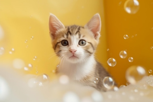 Un petit chaton se tient dans des bulles de savon sur un fond jaune