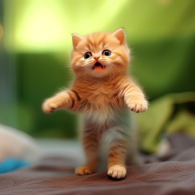 un petit chaton se tient sur un tissu brun