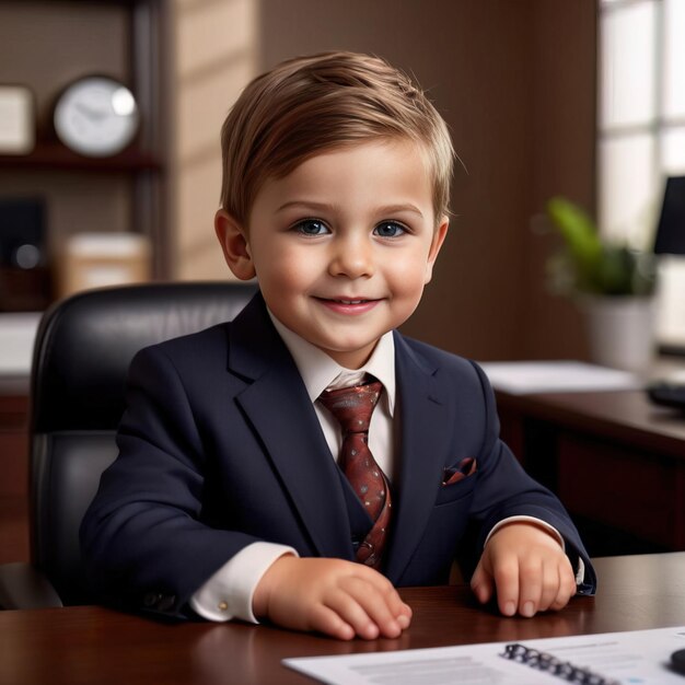 Photo petit chef d'entreprise enfant en costume et cravate assis fier et confiant dans son bureau