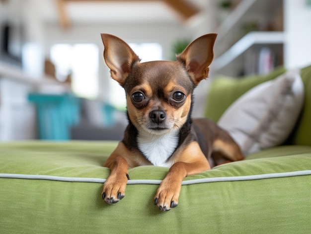 un petit chien allongé sur un canapé