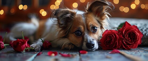 Petit chien apporte l'amour roses rouges fond d'écran HD fond d'écran