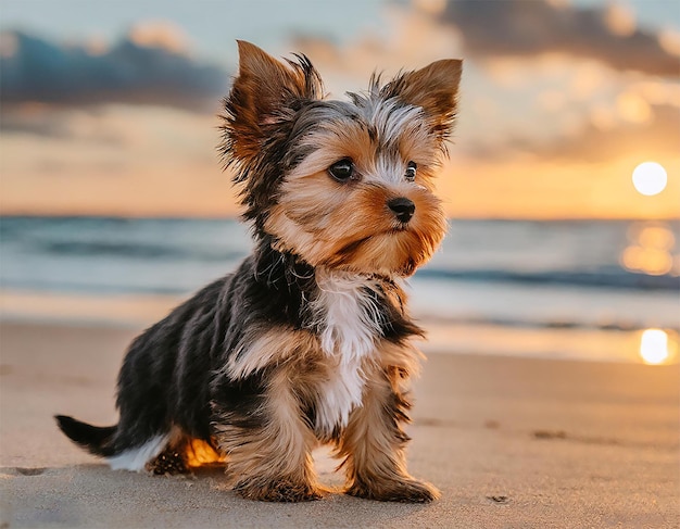 Photo un petit chien assis sur la plage pour une photo