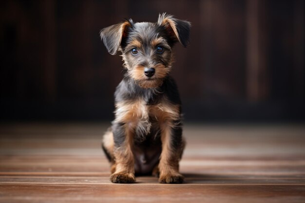 Photo un petit chien assis sur un sol en bois