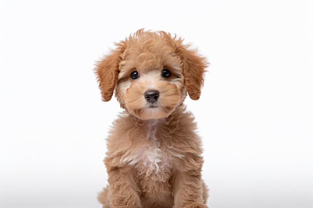 un petit chien assis sur une surface blanche