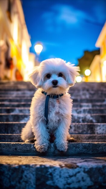 Photo un petit chien blanc est assis sur un escalier la nuit.