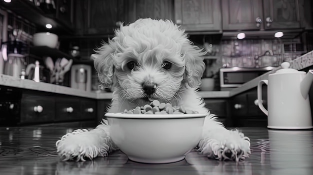 Un petit chien blanc mange de la nourriture dans un bol