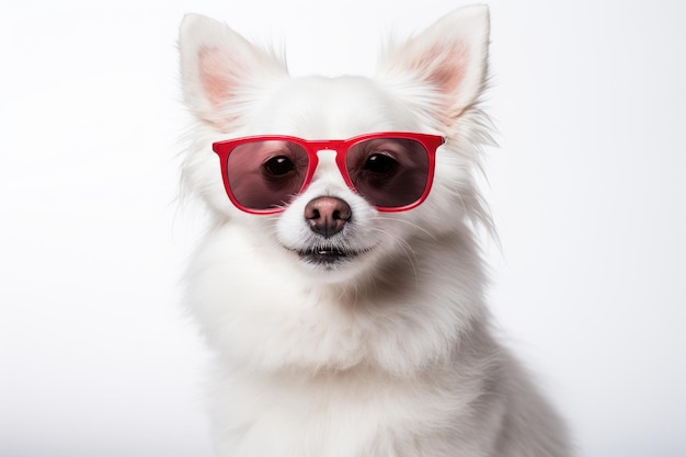 petit chien blanc portant des lunettes de soleil rouges