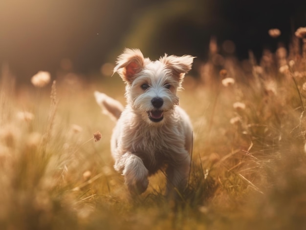 Un petit chien blanc qui court dans l'herbe et un arbre en arrière-plan avec la lumière du soleil