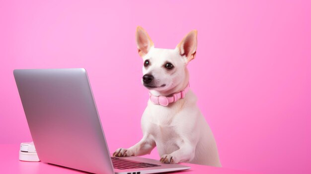 Un petit chien blanc en rose travaille sur un ordinateur portable