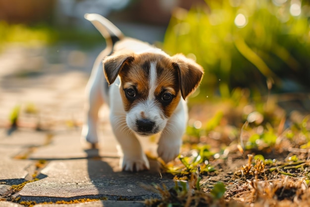 Un petit chien brun et blanc marche avec confiance sur un trottoir urbain très fréquenté