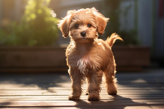 un petit chien brun debout sur un pont en bois