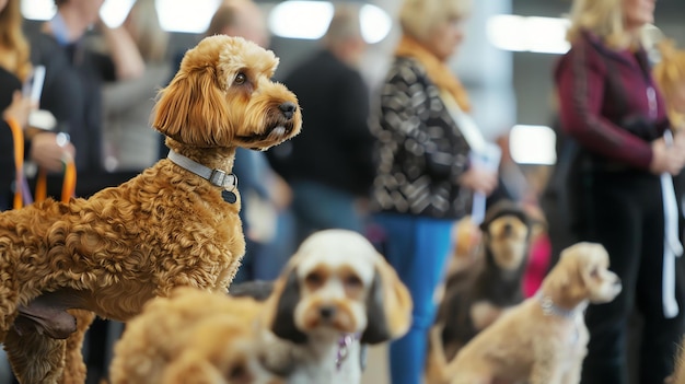 Photo un petit chien brun avec un pelage bouclé se tient dans une foule d'autres chiens le chien détourne le regard de la caméra avec une expression concentrée