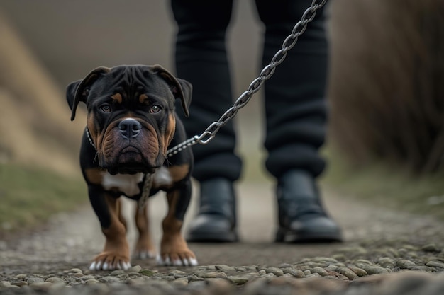 Un petit chien en chaîne chez le propriétaire généré par l'IA