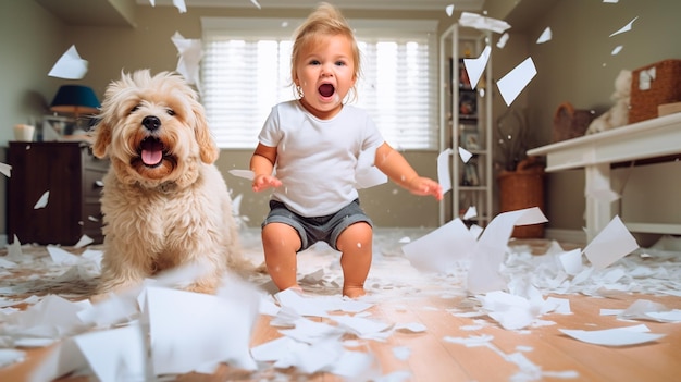 petit chien et chien jouant à la maison