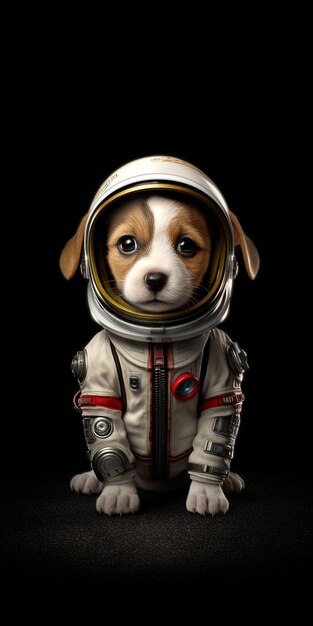 Petit chien chiot astronaute mignon et adorable sur fond sombre ai générative