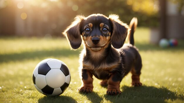 Un petit chien chiot teckel avec un ballon de football sa fourrure luisante au soleil sa queue remuant d'excitation