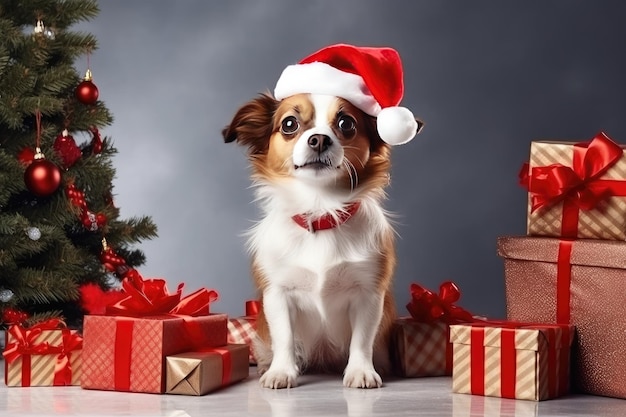 Un petit chien dans un chapeau de Père Noël sur fond d'arbre de Noël avec des cadeaux