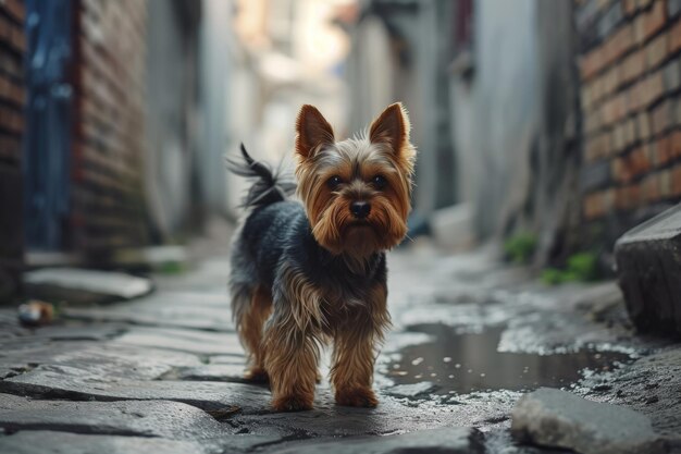 Un petit chien debout dans une rue mouillée