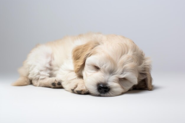 un petit chien dort sur une surface blanche