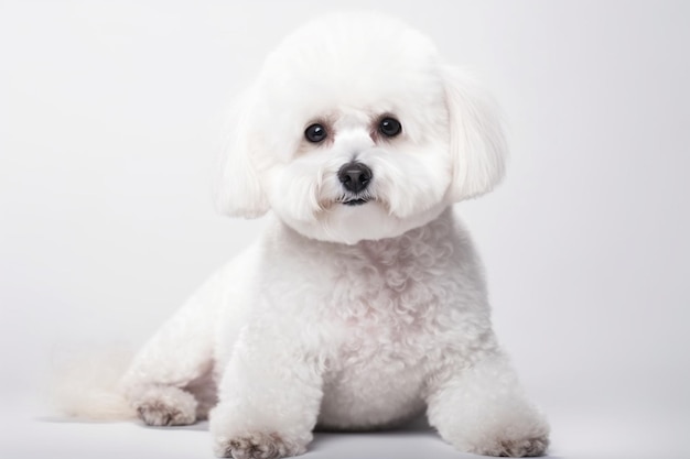 Petit chien drôle Bichon Frise posant isolé sur fond blanc