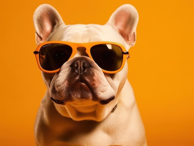 Petit chien drôle dans des verres à fond orange