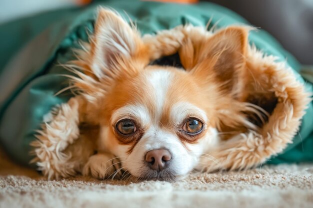 Un petit chien est allongé dans une couverture et regarde la caméra.