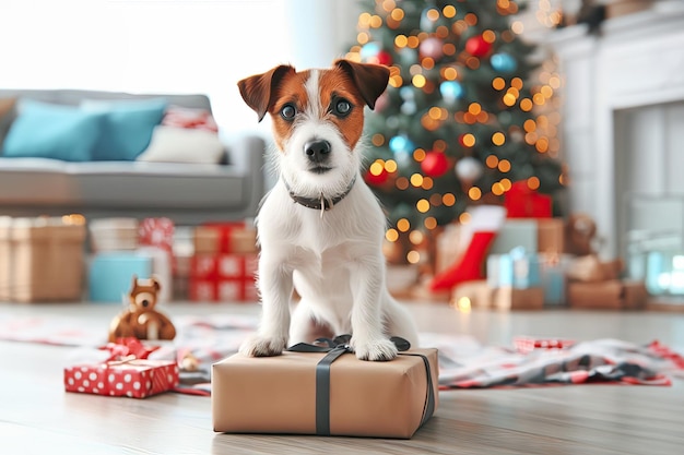 Photo un petit chien est assis sur la boîte brune en haut devant un arbre de noël