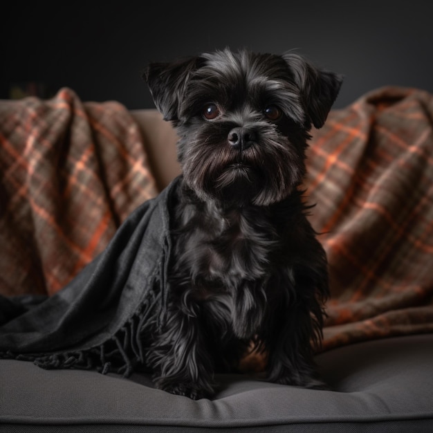 Un petit chien est assis sur un canapé avec une couverture qui dit "le chien porte une couverture".